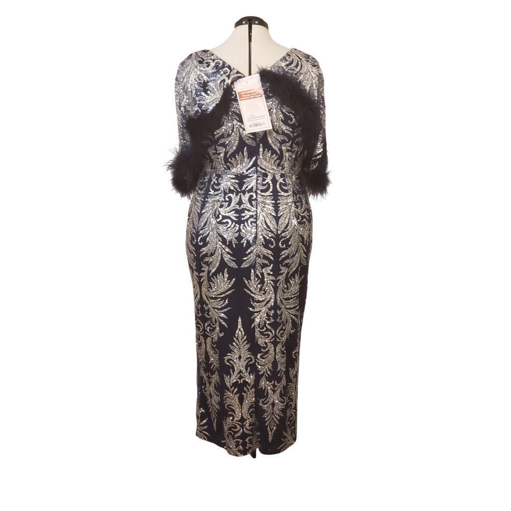 EY Boutique Blue & Silver Sparkle Sequin Gown w/ Feather Trim, Size XL | NWT - Picture 4 of 12